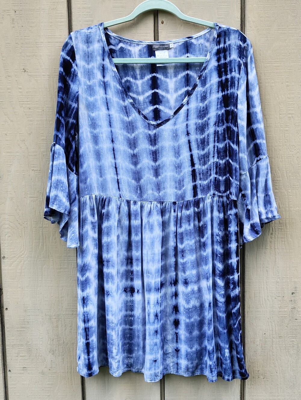 EARTHBOUND Blue Tie-Dye V-Neck Peplum Mini Dress Flutter Sleeve Boho Hippie
